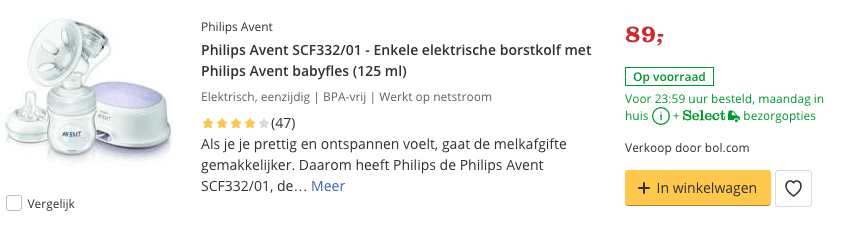 Philips Avent SCF332/01 - Enkele elektrische borstkolf met Philips Avent babyfles