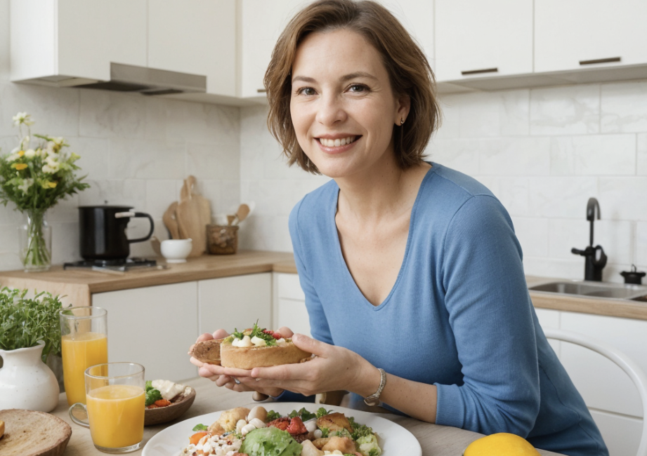 Hoe intermittent fasting eruitziet: een vrouw in haar keuken met een gezonde brunch, klaar om haar dagelijkse vastenperiode te breken.